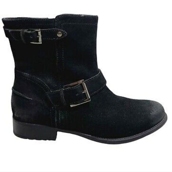 Clarks Plaza Float Moto Boots Womens 8.5 Black Suede Buckle Comfort Distressed - Picture 1 of 14